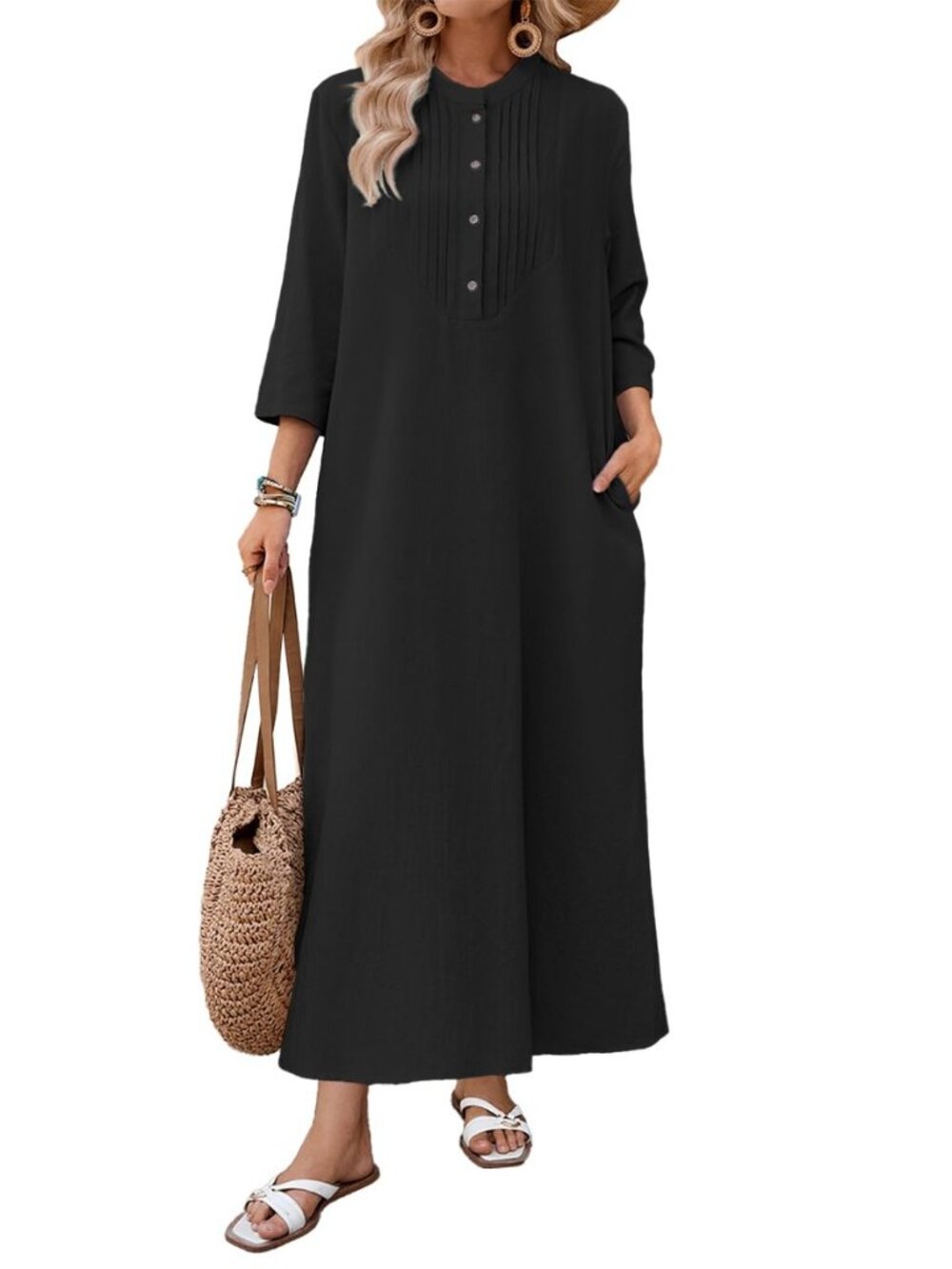 Autumn Solid Loose Long Maxi Dress Cotton Caftan